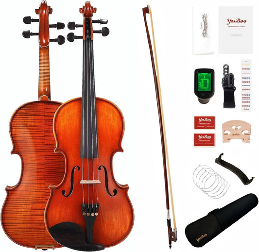 Violin 4/4 Full Size Kit for Adults Beginner, Violin Fiddle Set for Student with Rosewood Bow, Extra Strings&Bridge, 2 rosins, Tuner, Fingerboard Stickers, Shoulder Rest, Case (Solid wood)