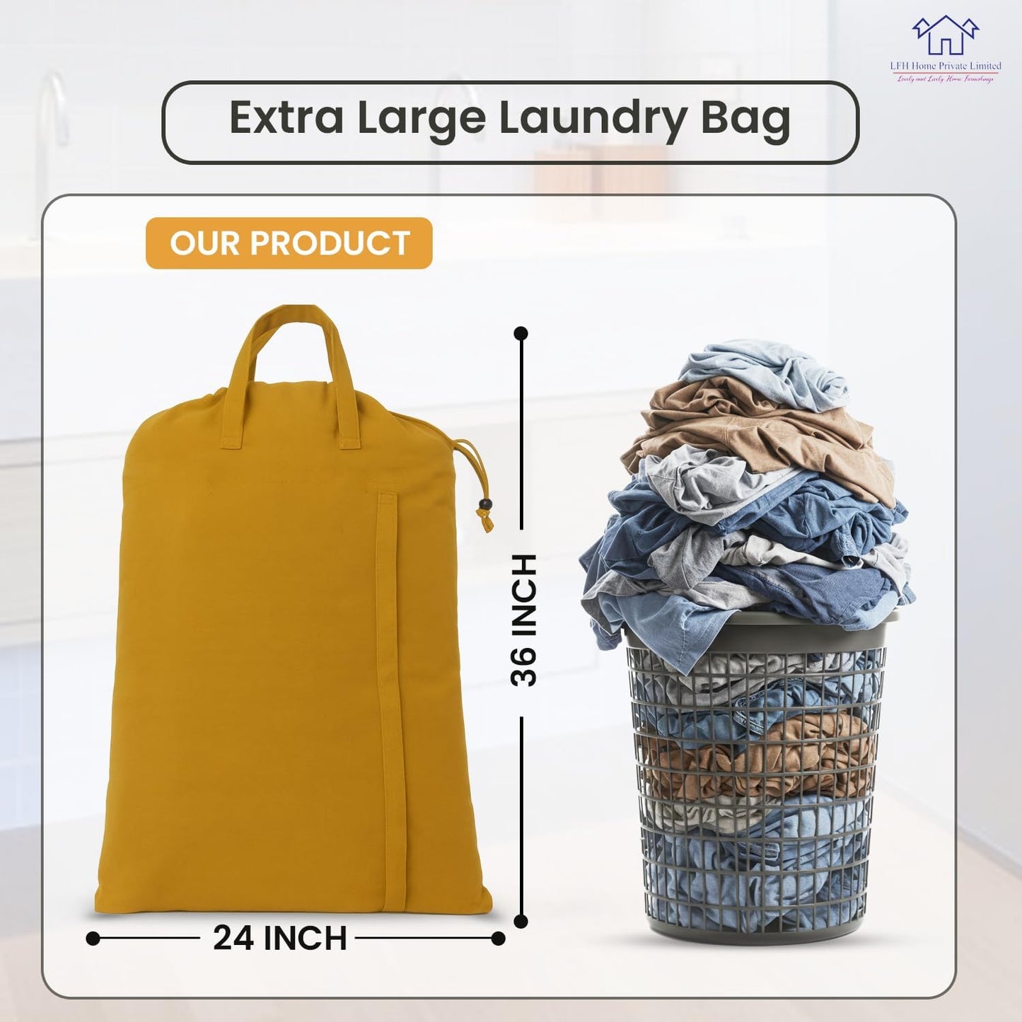 LFH Home Cotton Canvas Large Laundry Bag with Handle, Heavy Duty Drawstring Closure Washable Laundry Bags, School Travel, Home, Hotel, College Dorm, Organizer Sack, Toys Clothes 24x36-Yellow