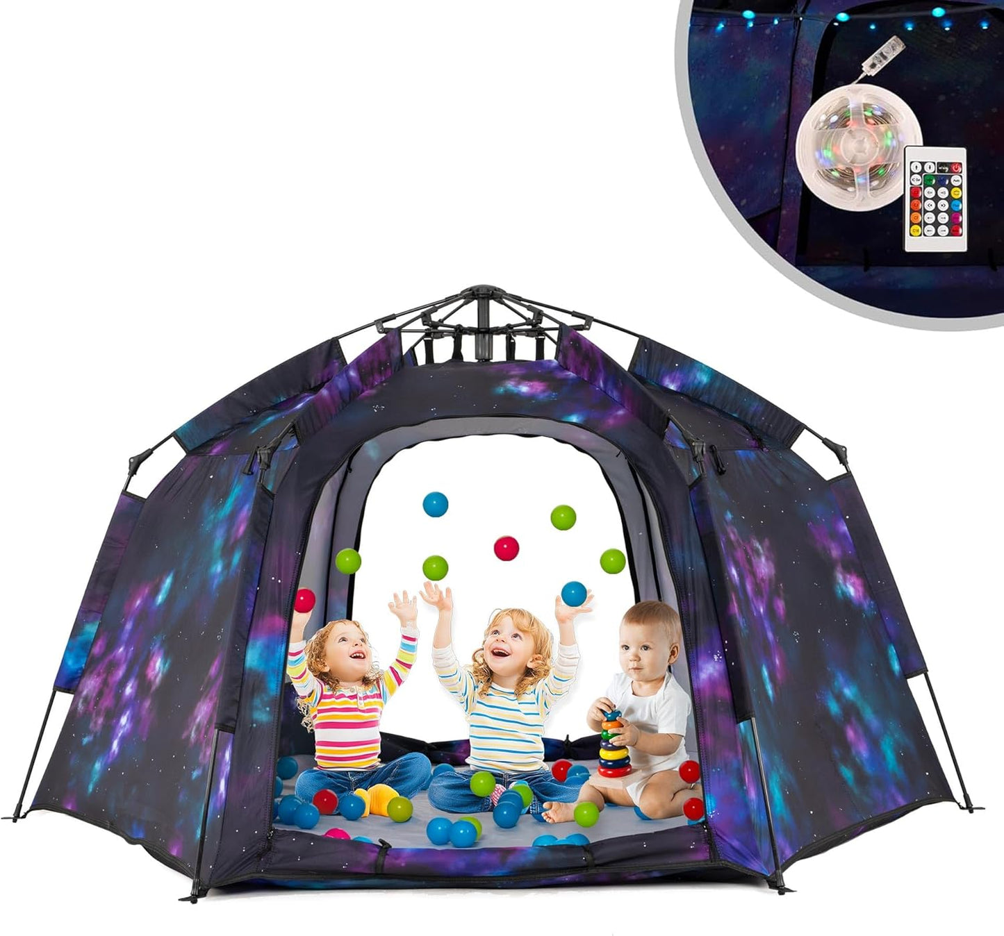 Portable Hexagon Kids Play Tent with LED Strip Lights Indoor Children Play House Easy Set-up Space Dream Tent for Night.4-5 Person Large Tents & Birthday Gifts