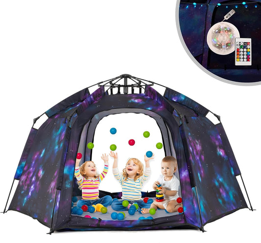 Portable Hexagon Kids Play Tent with LED Strip Lights Indoor Children Play House Easy Set-up Space Dream Tent for Night.4-5 Person Large Tents & Birthday Gifts
