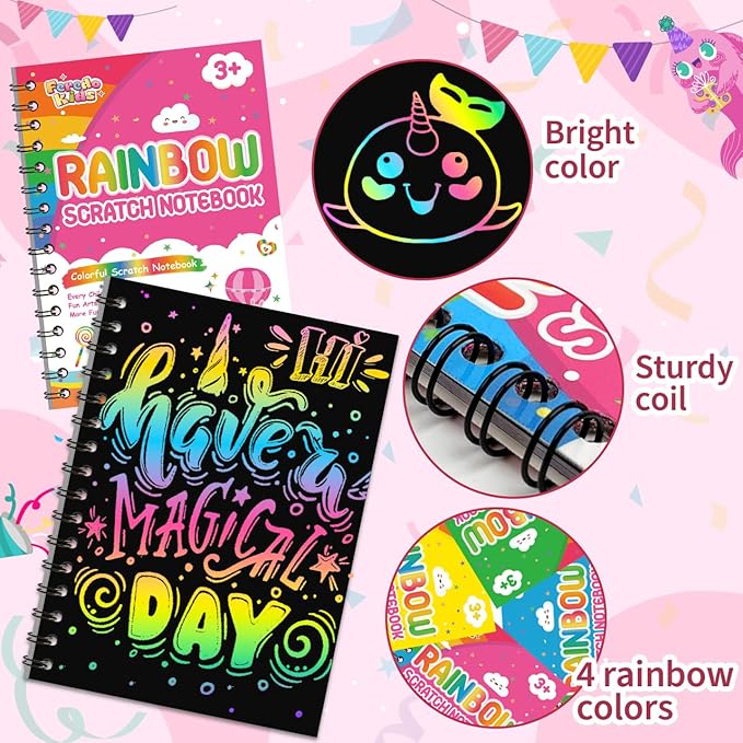 Party Favors for Kids: 4 Pack Rainbow Scratch Art Notebook Students Classroom Gifts Bulk for Girls Boys Goodie Bags Stuffers, Return Gifts for Birthday Party Favors Bulk Kids Crafts