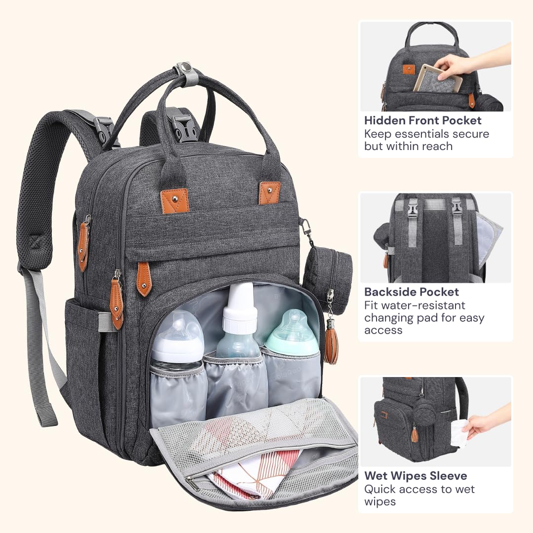 BabbleRoo Diaper Bag Backpack - Baby Essentials Travel Tote - Multi Function Waterproof Diaper Bag, Travel Essentials Baby Bag with Changing Pad, Stroller Straps & Pacifier Case - Unisex, Dark Gray