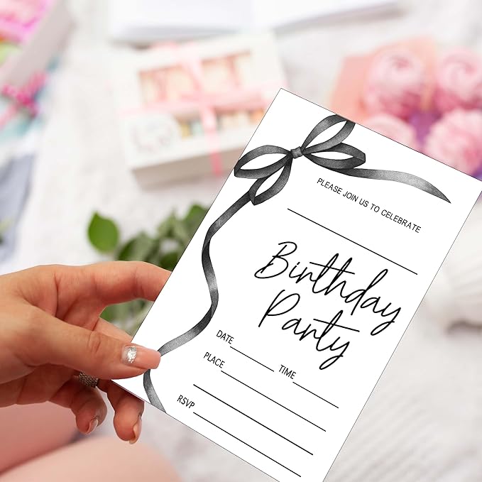 SIXEIGHT Black Bow Birthday Invitations, Black Ribbon Bow Birthday Party Invitations, 20 Party Invitations with Envelopes for Girls Boys, Birthday Party Favor & Decoration (4"x6")-A03