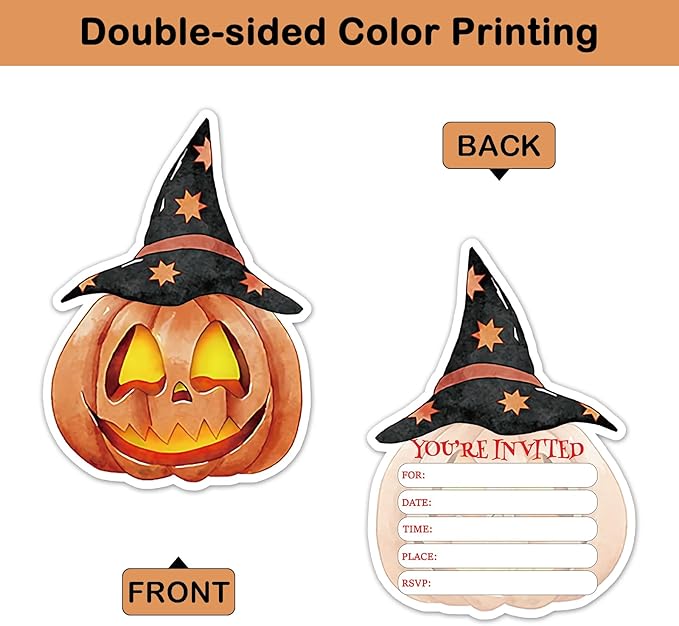 REWIDPARTY 15 Sets Halloween Invitations with Envelopes Stickers, Pumpkin Shaped Fill-in Invitation Cards, Birthday Baby Shower Party Invites, Funny Halloween Thanksgiving Party Supplies Decoration