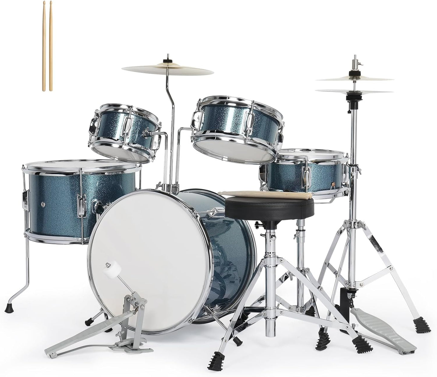 Ktaxon 5-Piece Complete Junior Drums Set, 14 Inch Beginners Drum Kit with Throne Stool, Pedal & Drumsticks, Kids Drums Musical Instruments W/Cymbal, Hi-Hat, Floor, Tom and Snare Drum (Blue)