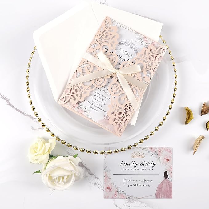 50pcs Blush Pink Wedding Invitations With Envelopes and Rsvp Cards 5x7 Inches Laser Cut Wedding Invitation Pockets for Bridal Shower QuinceañEra Engagement Birthday Invites