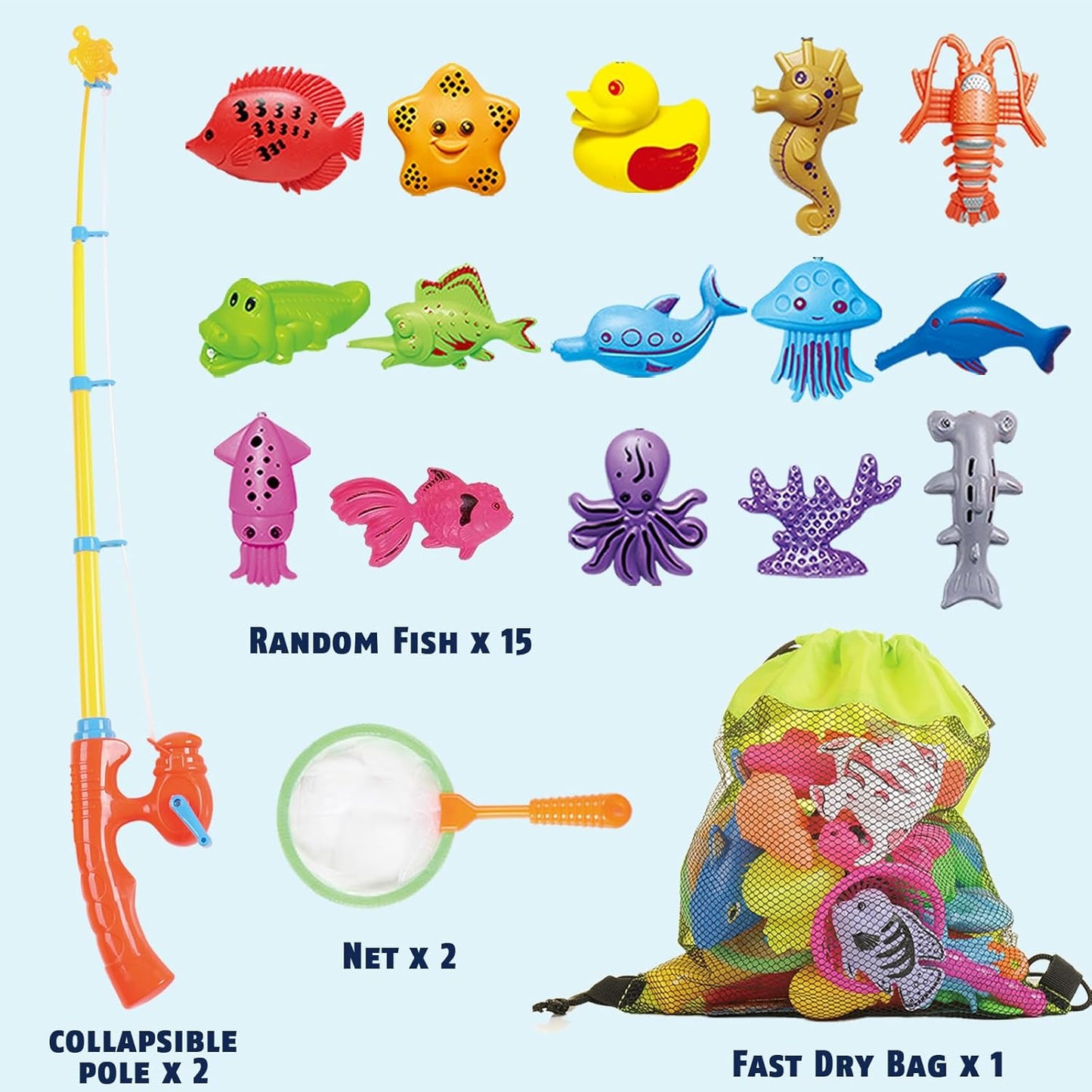 CozyBomB™ Magnetic Fishing Toys Game Set for Kids | Water Table Bathtub Kiddie Pool Party & Pole Rod Net, Plastic Floating Fish Toddler Color Ocean Sea Animals Birthday Age 3 4 5 6 Year