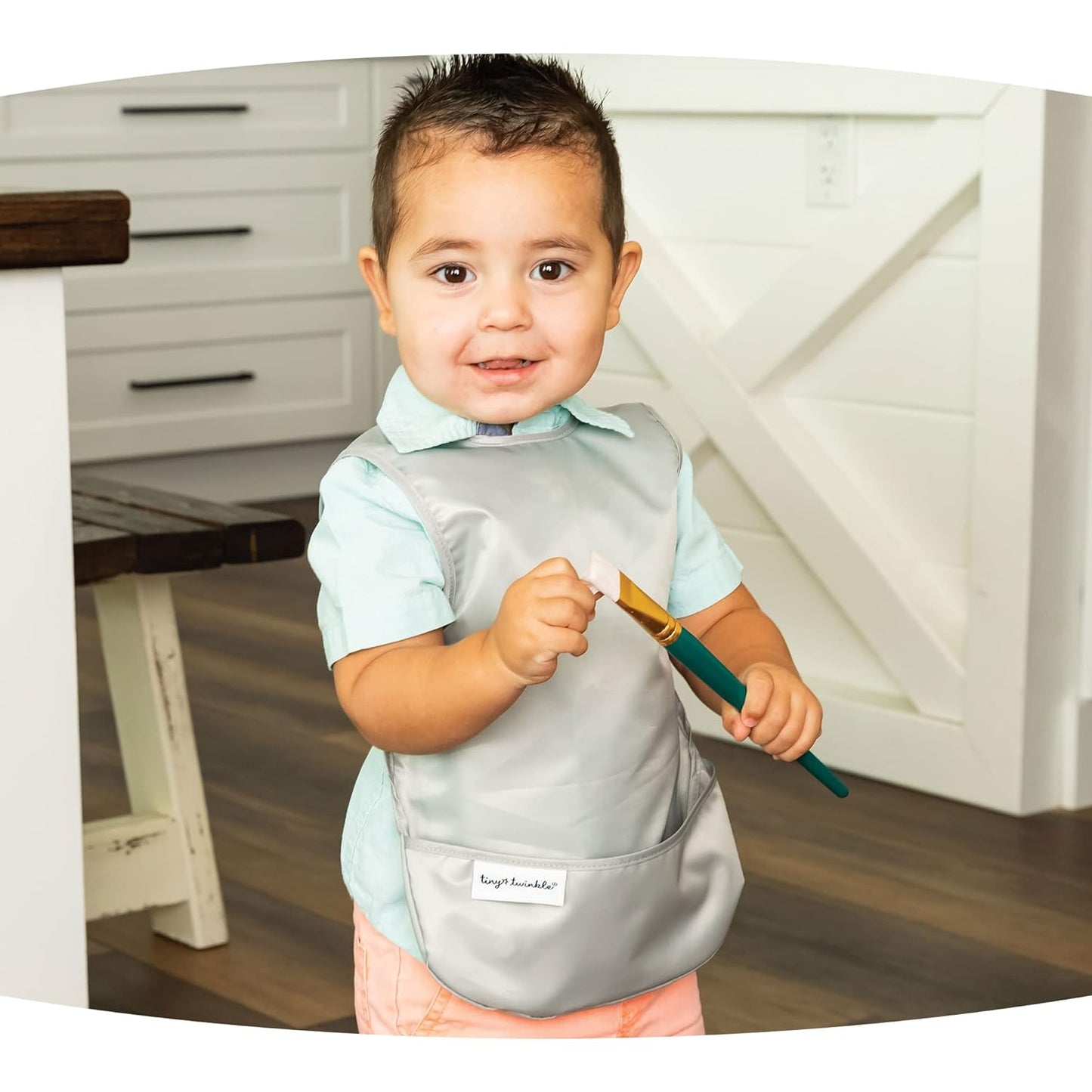 Tiny Twinkle Mess Proof Apron Bibs - 2 Pack Waterproof & Lightweight Baby Bibs for Led Weaning | 100% Recycled Polyester, Easy Clean & Machine Washable (Grey Indigo,Small 6-24 Months)