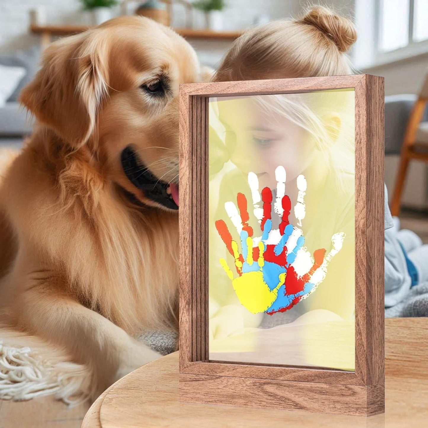 CHERRY CHEERS Family Handprint Kit with Light, Handprint Keepsake Frame, Wooden Led Light, Easy Install, No Need Screw etc, Non-Toxic Paints (Brown)