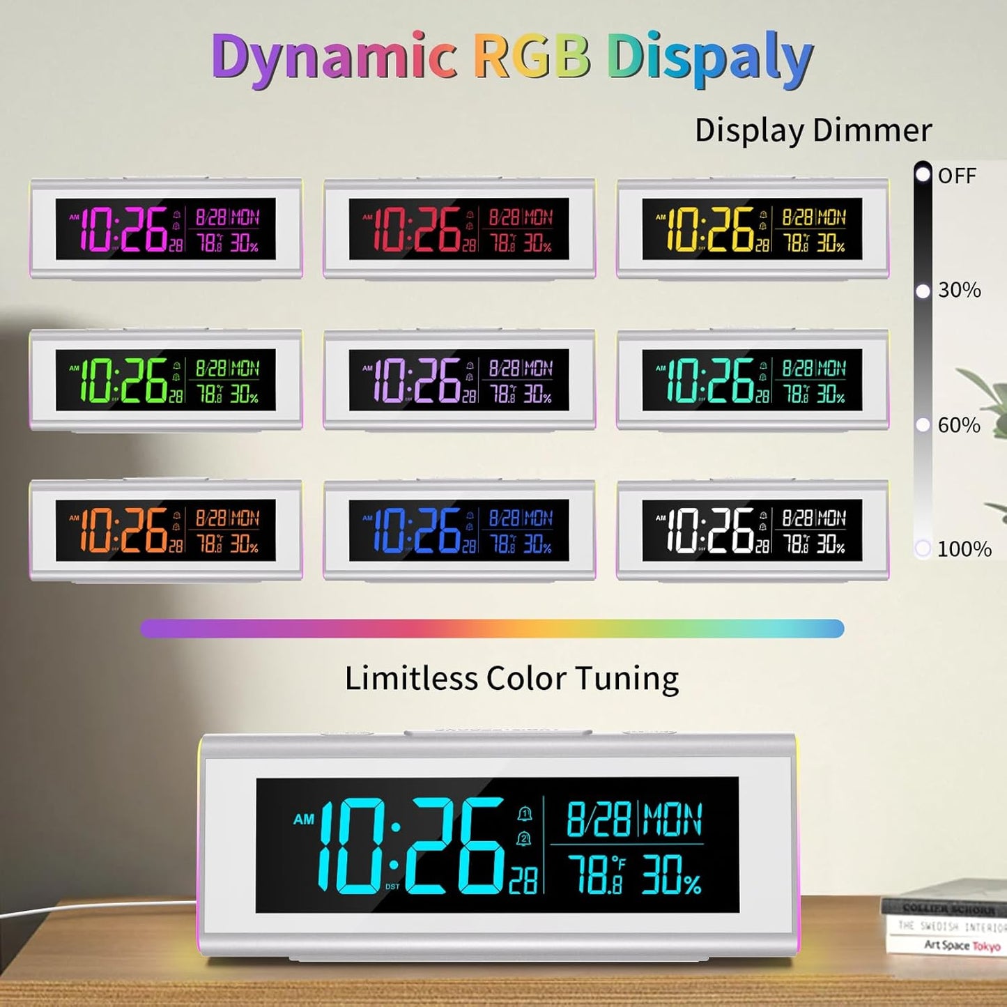 Digital Alarm Clocks for Bedrooms, LED Desk Clock with RGB Night Light, Brightness Dimmer, Date, Week, Temperature Large Display, Modern Decor for Desk, Office, Gift for Kids, Teen, Adults (Silver)