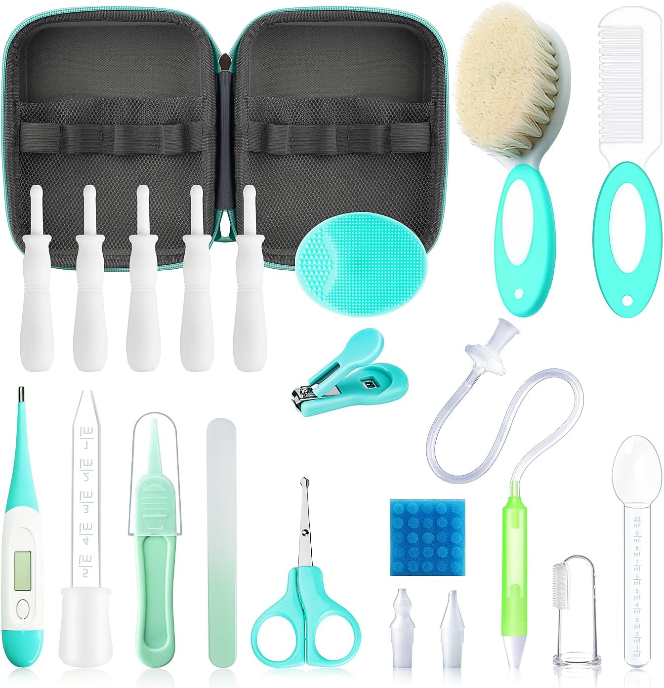 Baby Healthcare and Grooming Kit, 21 in 1 Portable Baby Essentials Kit with Gas Relief Hair Brush Comb Nasal Aspirator for Newborn Boys Girls (21 Kits-Green)