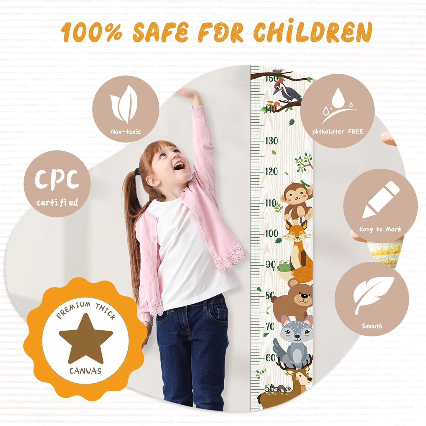 Personalized Name Growth Chart Wall Decor for Kids – Canvas Removable Height Chart Measuring Ruler 59" x 7.9" (Zoo）