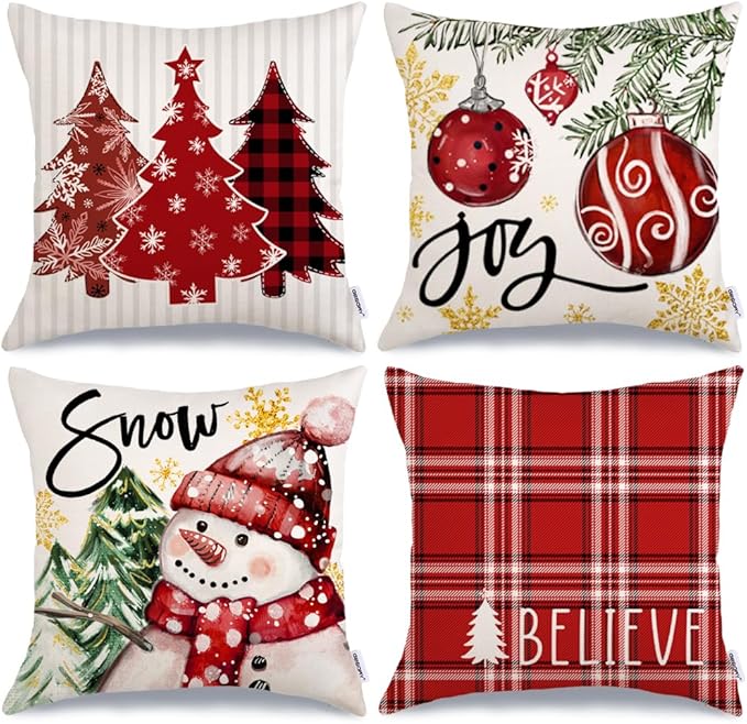 GEEORY Winter Christmas Throw Pillow Covers 20 x 20 Inch Set of 4, Xmas Trees Snowflake Snowman Joy Holiday Farmhouse Decorative Cushion Cases for Home Decoration G583-20