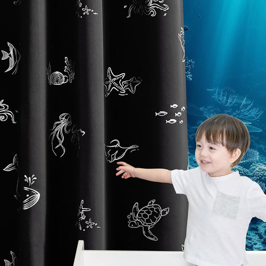 Vangao Kids Curtains for Boys Bedroom Kids Blackout Curtains 84 Inch Length Ocean Aquarium Nursery Drapes for Girls Bedroom Silver Sea Animals Print Thermal Insulated Drapes, Black 2 Panels