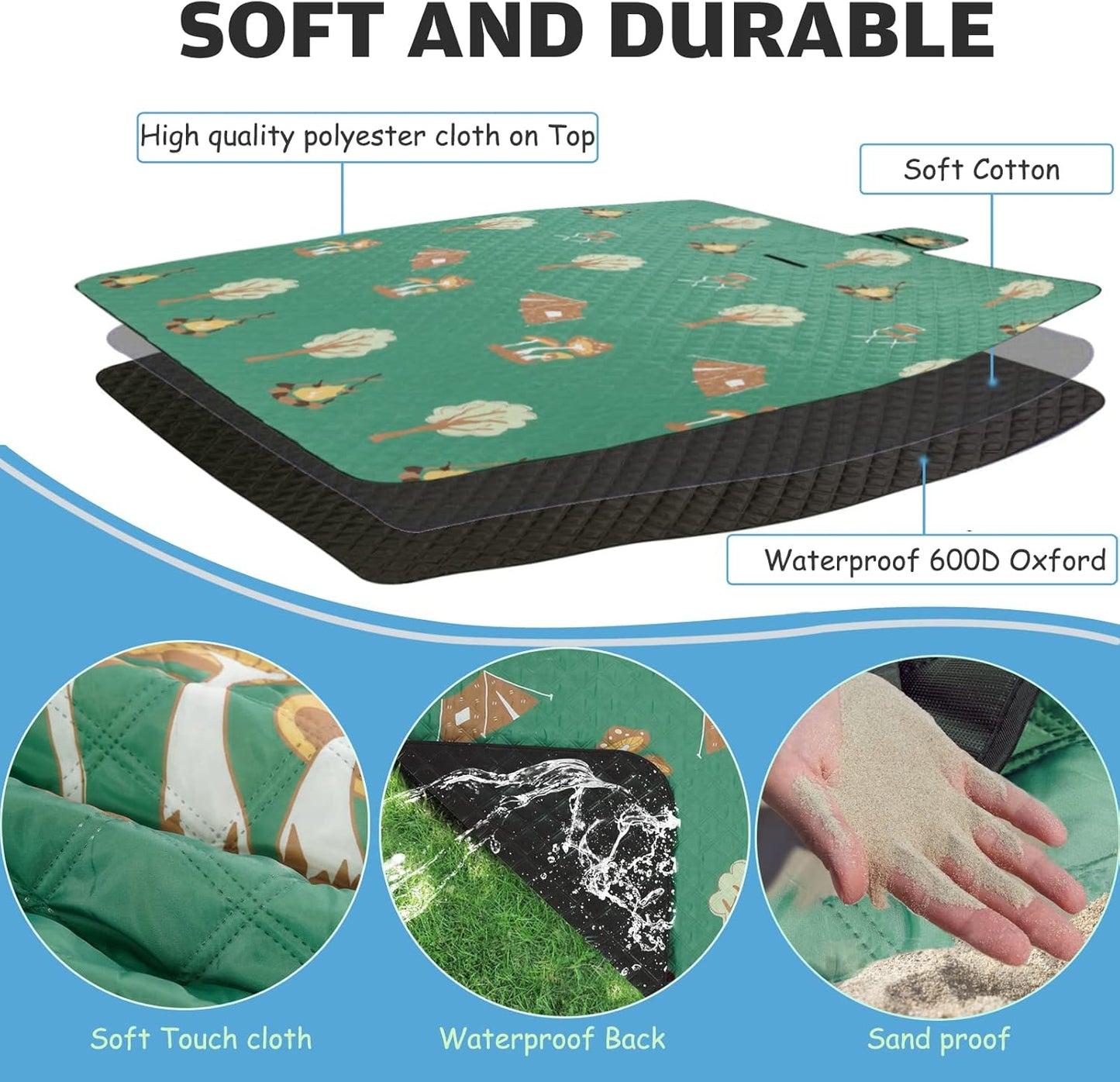 Large Waterproof Sandproof Picnic Blanket - Foldable Outdoor Blanket with Carry Strap - Lightweight - Fits 2-4 Adults - For Beach, Camping, Grass, Lawn, Park