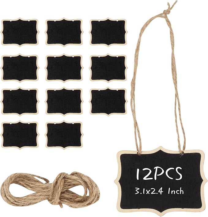 12 Pcs Mini Rectangle Chalkboard Label for Message Board Signs, Mini Wooden Chalkboards Signs, Small Hanging Blackboard Labels for Wedding Party Crafts Name Tags, 3.1x2.4 Inch