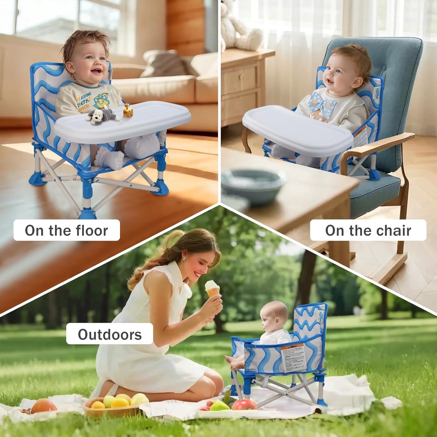 Tiny Marvels Portable 3-in-1 Baby Booster Seat, Cozy Floor Seat, Feeding Seat with Tray, Compact Foldable Toddler Booster with Child Safety Belt Carry Bag, Perfect for Travel (Big Waive)