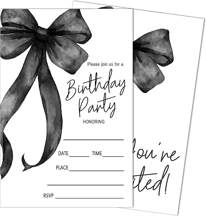 SIXEIGHT Black Bow Birthday Invitations, Black Ribbon Bow Birthday Party Invitations, 20 Party Invitations with Envelopes for Girls Boys, Birthday Party Favor & Decoration (4"x6")-A02