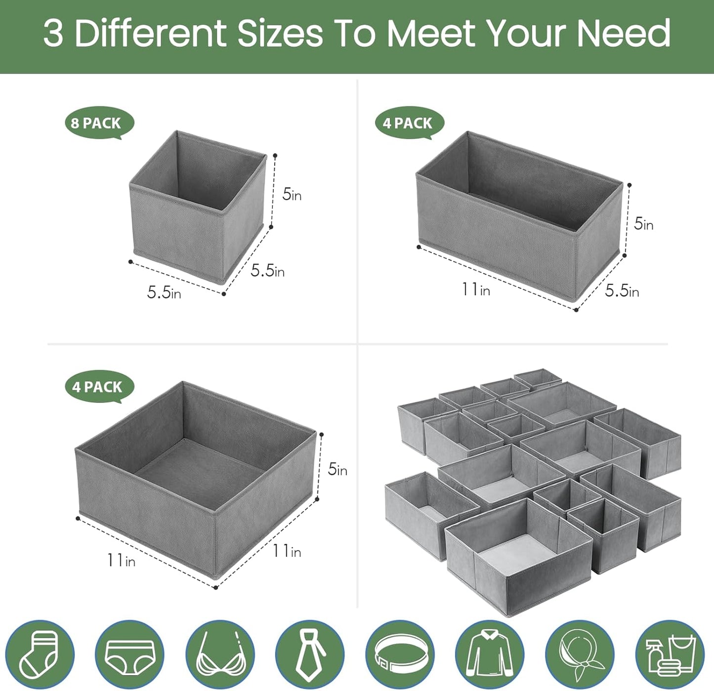 Criusia Drawer Organizer Clothes,16 Pack Underwear Drawer Organizers, Foldable Closet Organizers and Storage Dresser Drawer Dividers Clothing Organizer for Clothes, Socks, Scarves, Bra, Ties (Grey)