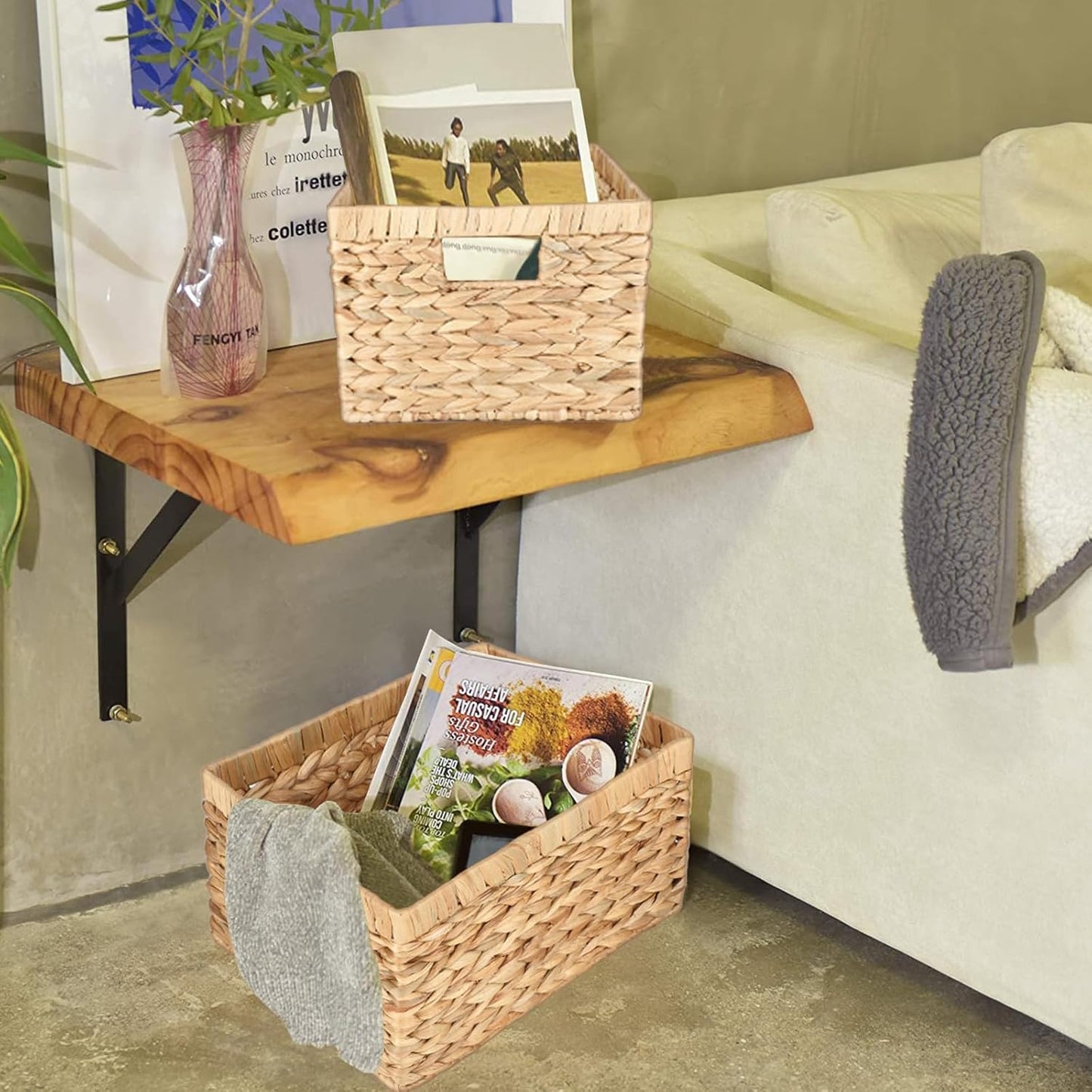 Water Hyacinth Wicker Baskets for Organizing, Rectangular Wicker Baskets with Built-in Handles 3-Pack
