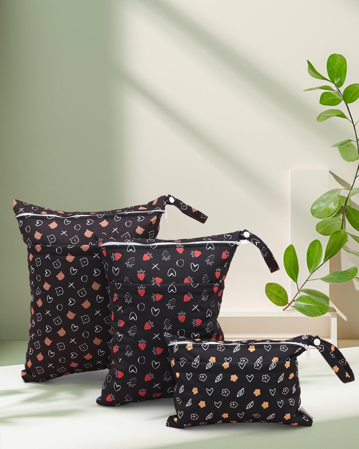 ALVABABY 3 Cloth Diaper Wet Dry Bags Waterproof Reusable with Two Zippered Pockets Travel Beach Pool Daycare Soiled Baby Items Yoga Gym Bag for Swimsuits or Wet Clothes Small Medium Large 3L-SML10