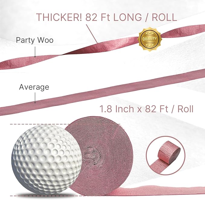 PartyWoo Rose Gold Crepe Paper Streamers 4 Rolls 328 ft Pack of Metallic Rose Gold Pink Dusty Pink Crepe Paper for Bride to Be Bachelorette Birthday Party Decorations (1.8 Inch x 82 Ft/Roll)