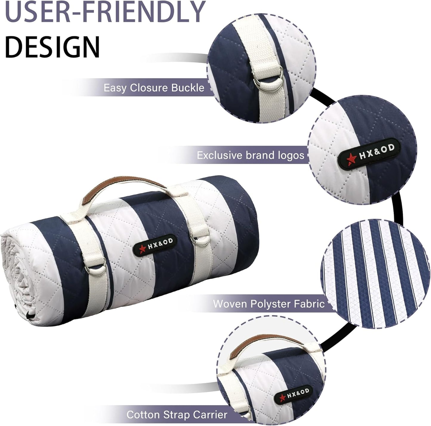 HX&OD Outdoor Picnic Blanket Extra Large, 80''*60'' Waterproof Picnic Mat with Stakes Foldable Camping Blanket Portable with Carry Strap for Beach Mat (Green& White, 80''*60'')