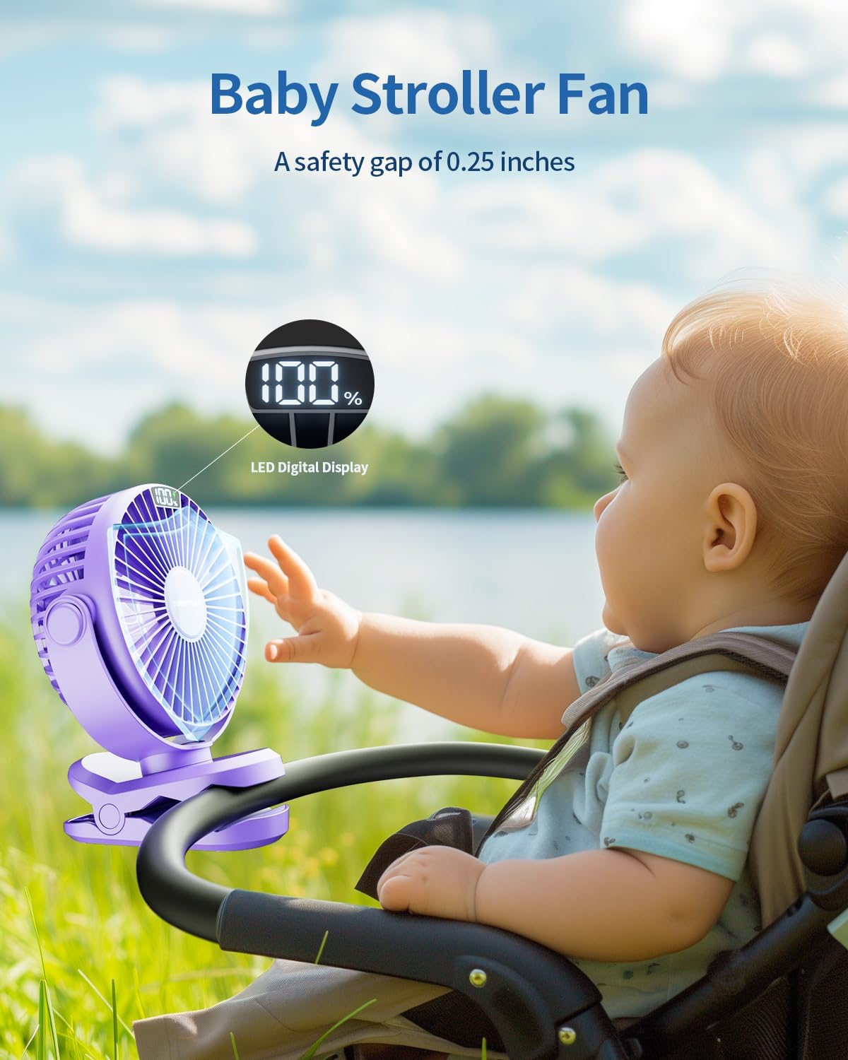 SWEETFULL Portable Clip on Fan - Battery Operated Stroller Fan, 4000mAh Small Rechargeable Fans with LED Display, 4 Speeds, Mini Personal Cooling Desk Cooler for Golf Cart Travel Camping Gym (Purple)