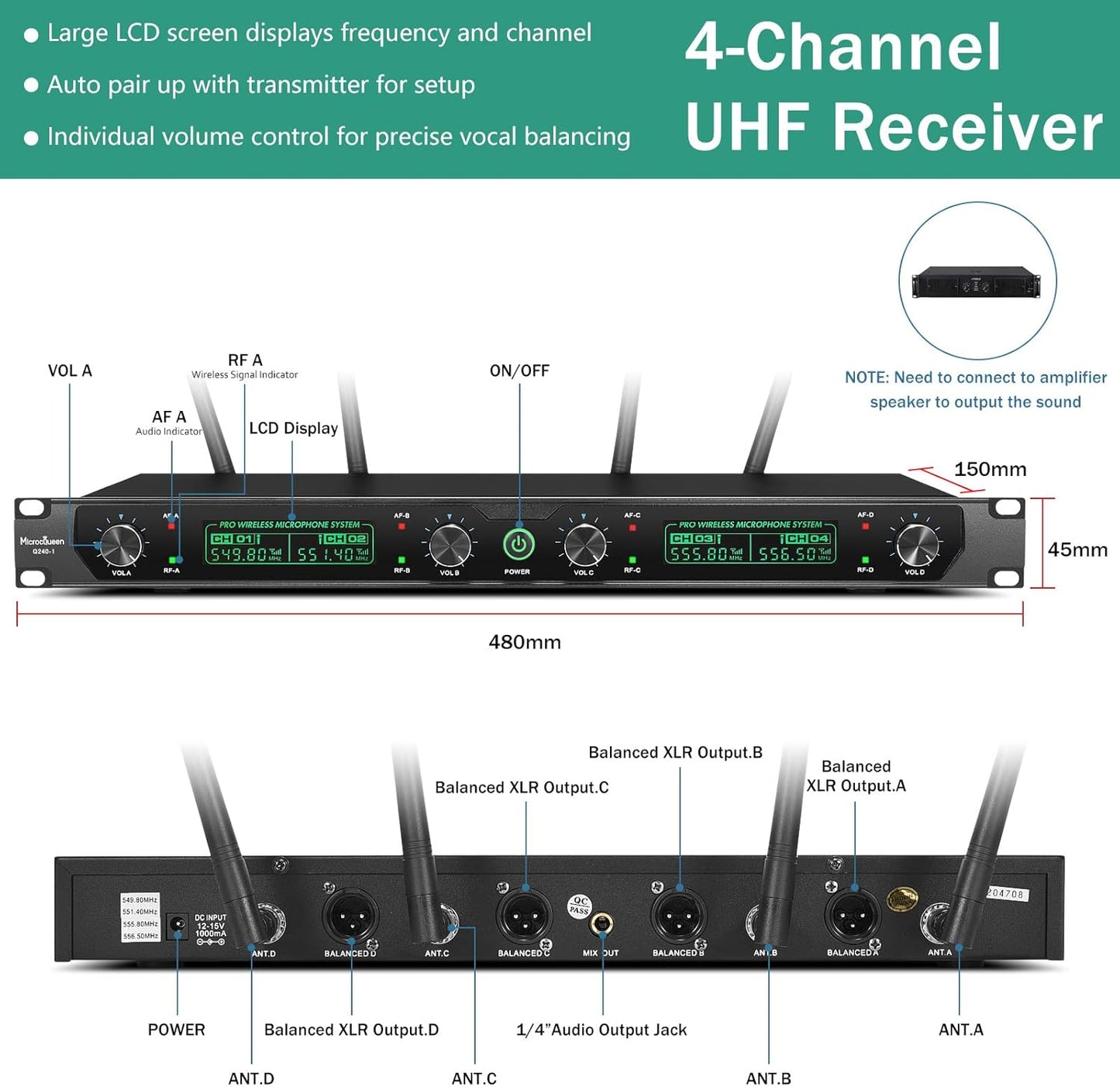 Wireless Microphone System, 4-Channel UHF Professional Mic, Automatically Pair Metal Cordless Mic with 4 Metal Handheld Microphones, 400ft Range, for Singing, Karaoke, Party
