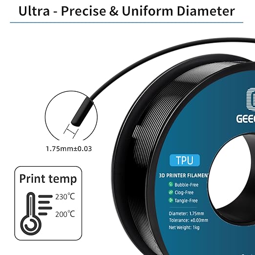 Geeetech TPU Filament 1.75mm, Shore 95A – Flexible 3D Printer Filament with High Elasticity, 1KG (2.2lbs) Spool, Dimensional Accuracy ±0.03mm, Fits Most FDM Printers (Black)