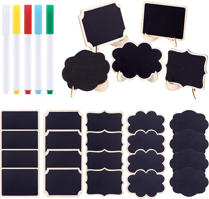 Swpeet 30Pcs 5 Designs Mini Chalkboards Signs with Liquid Chalk Markers Assortment Kit, Chalkboards Blackboard for Weddings, Birthday Parties, Table Numbers, Message Board Signs and Event Decoration