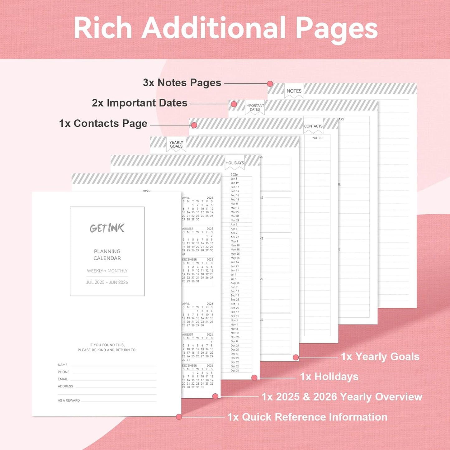 Getink 2025-2026 Linen cover Planner Weekly & Monthly Daily Agenda Book,2025-2026 To Do List Notebook with Colorful Monthly Tabs, Inner Pocket, Elastic Closure (Pink,5.5 * 8.5)