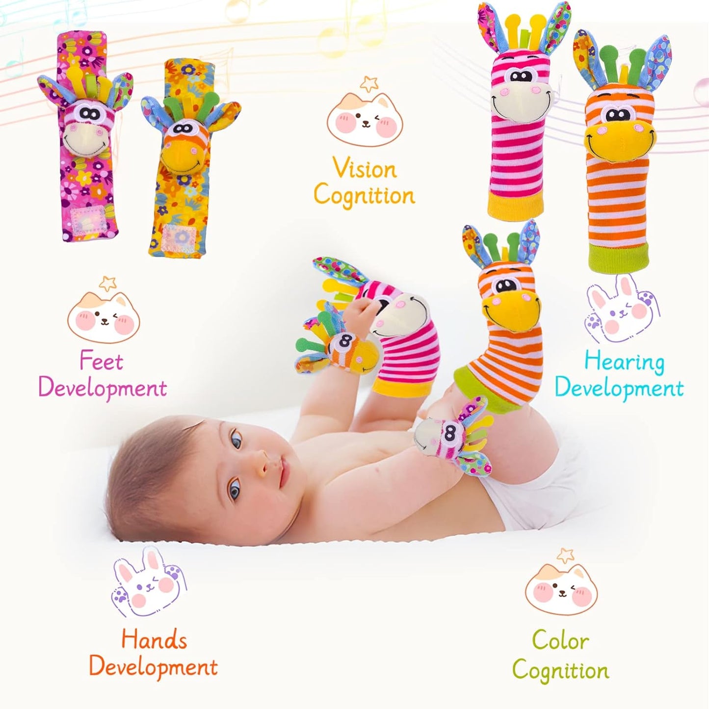 Wrist Rattles Baby Socks Baby Toys Set Soft Sensory Toys for Babies Cartoon Animal Rattles Sock Early Development Toy Baby Shower Birth Gift for Newborn Infant Baby Boy Girl 0 to 3 Years Old