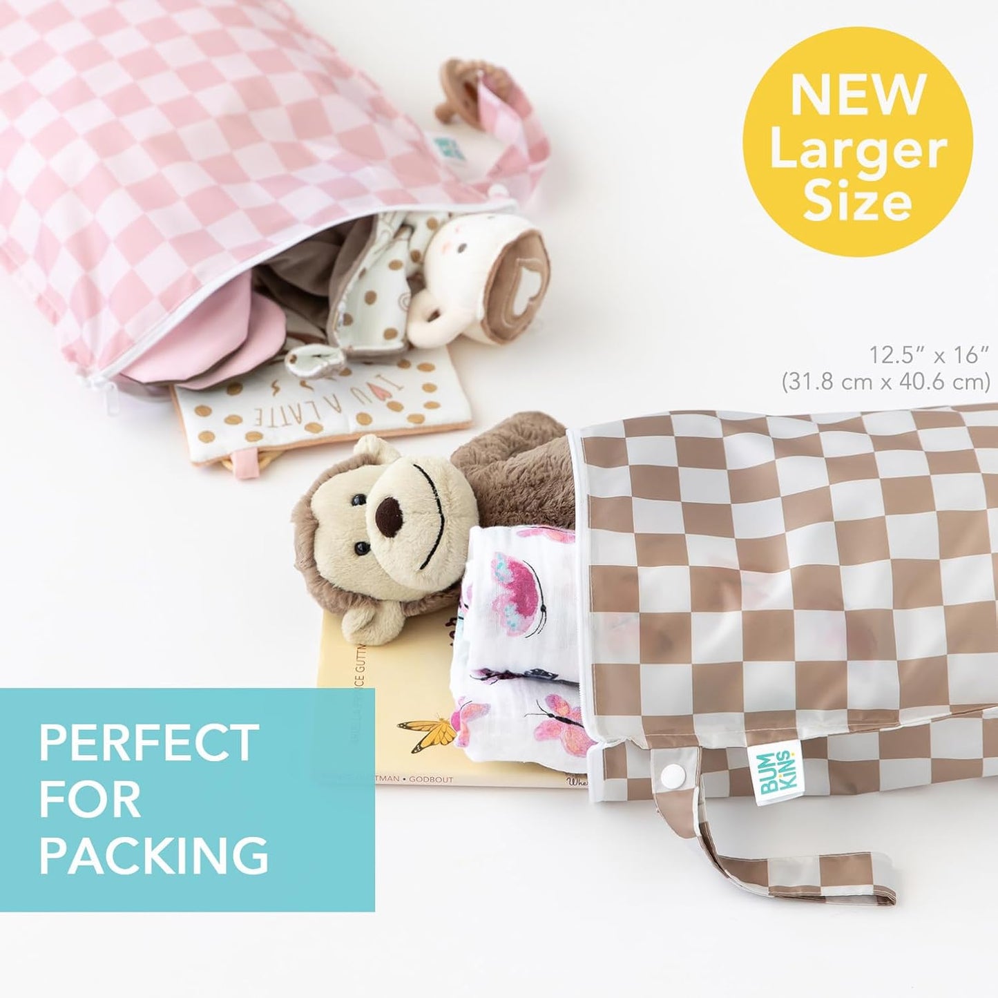 Bumkins - Waterproof Wet Bag - For Baby, Travel, Swim Suit, Cloth Diapers, Pump Parts, Pool, Gym, Toiletry, Strap to Stroller - Reusable & Easy to Clean - 2pk - Beige & Pink Check