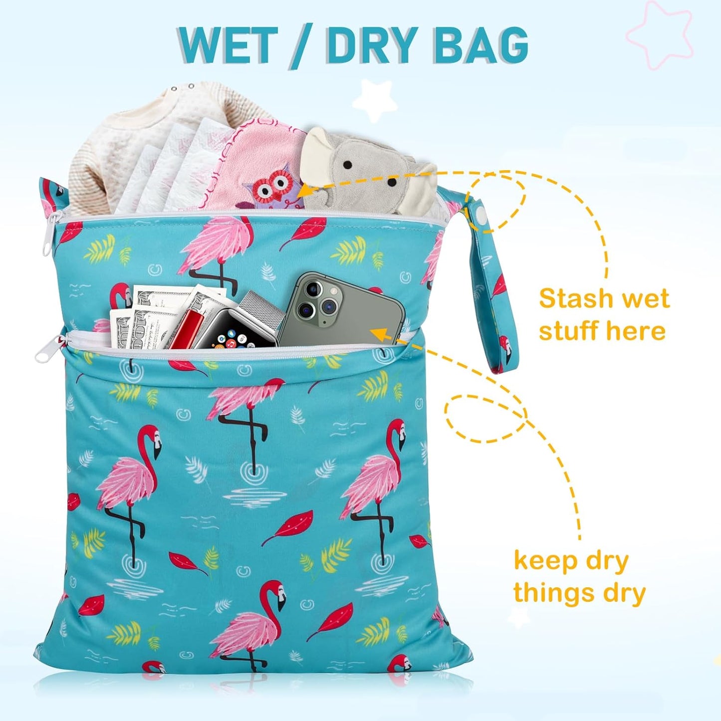 Angel Love Wet Bags for Baby, 3 Pack Wet Dry Bags for Baby Cloth Diaper, Wet Bathing Suit Bag Waterproof with Two Zippered Pockets, Washable Wet Bag for Swimsuit Travel Beach Pool Gym for Wet Clothes