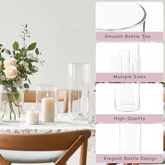 4 Pcs Glass Cylinder Vases Set, 4/6/8/10 Inch Modern Flower Vases for Centerpieces, Bud Vase Arrangements & Floating Candles – Wedding/Christmas/Home Decor Essentials