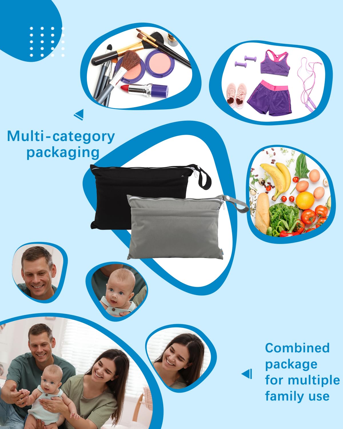 babygoal Wet Dry Bags for Baby Cloth Diapers, Washable Travel Bags, Beach, Pool, Gym Bag for Swimsuits & Wet Clothes with Two Zippered Pockets 2 Pack Small Size 2LNS01