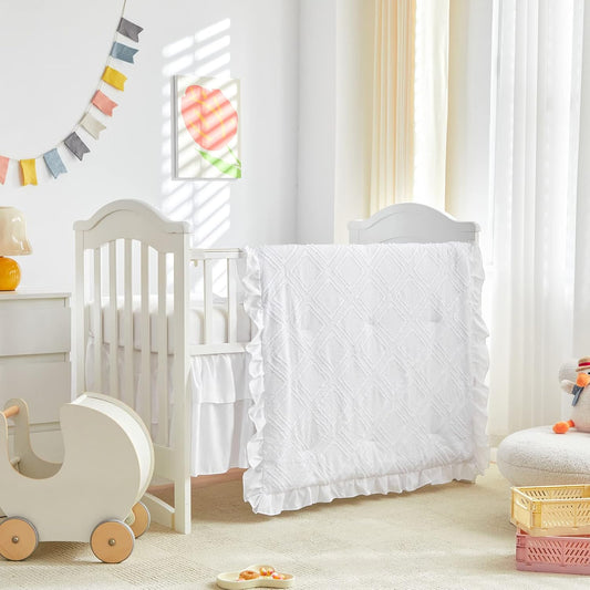 Tufted Ruffle Crib Bedding Set 3 Pieces Baby Boho Quilted Comforter with Fitted Sheet and Bed Skirt - Cute Ruffled Shabby Chic Baby Bedding Soft Blanket Design White