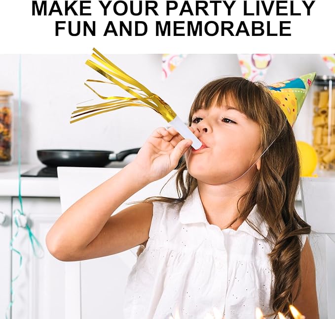 24 Pcs Party Horns, Party blowers Noise Makers, Graduation Noise Makers Glitter Metallic Fringed Birthday Blowers for Wedding Birthday Graduation Ceremony Festival (6 Colors)