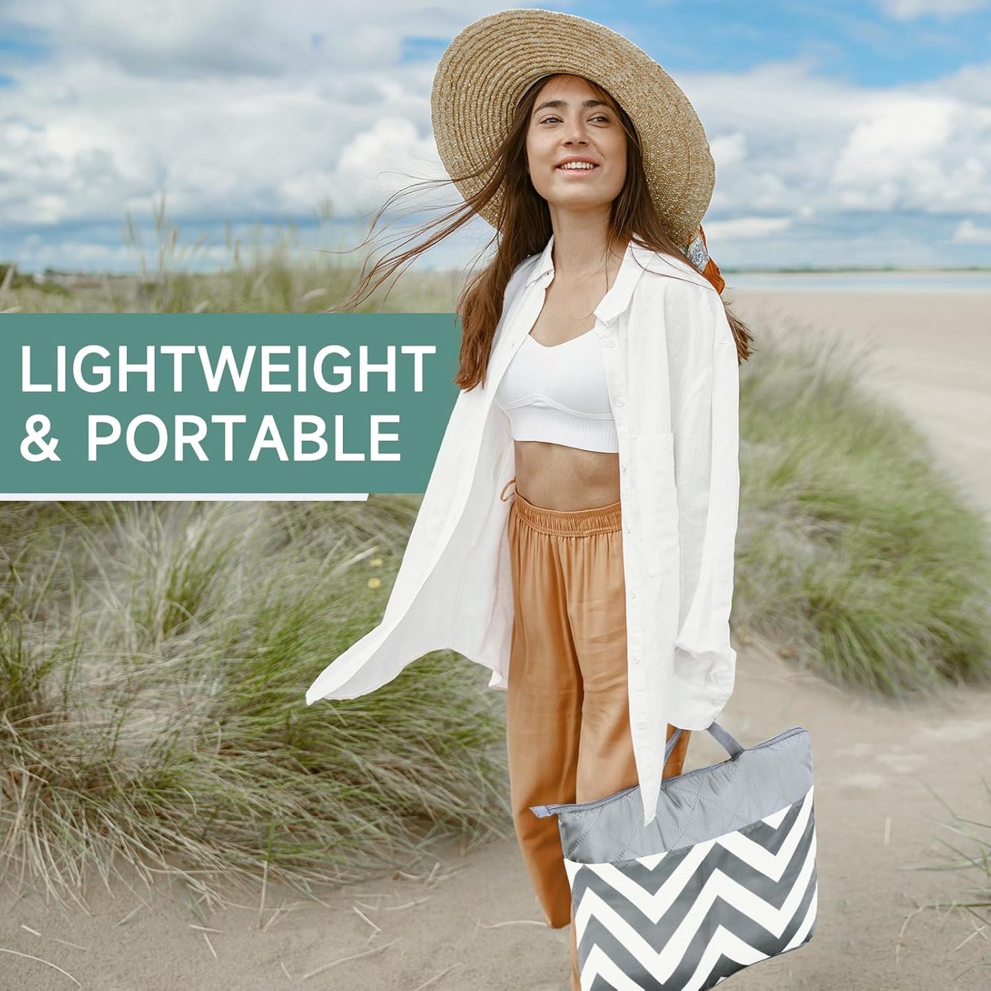 Waterproof Picnic Blanket, Lightweight 50” x 60” Foldable Sandproof Beach Blanket with Large Pocket, Portable Outdoor Camping Blanket Great Couples Gift Ideas, Gray Wavy