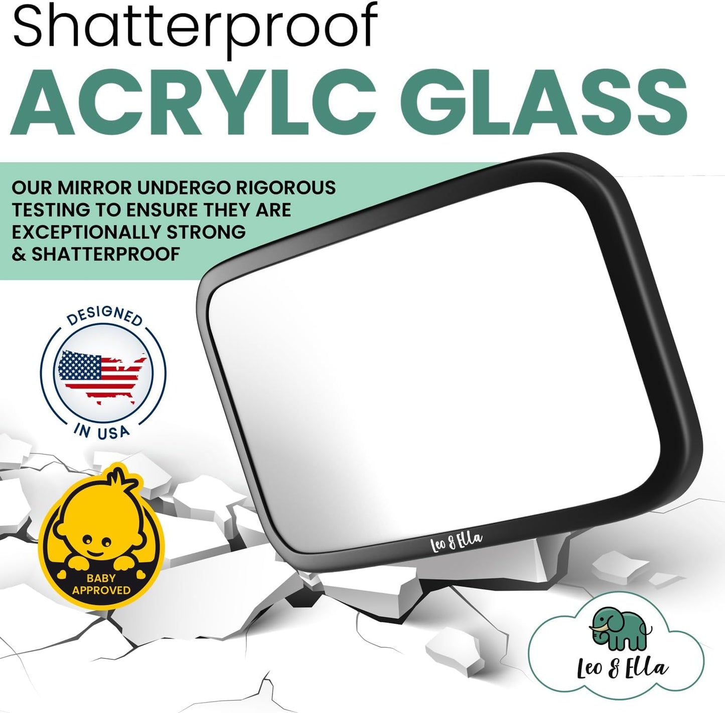 Leo and Ella - Baby Car Mirror - Extra Large & Ultra Clear Infant View, Crash Tested Shatterproof Design w/ 360° Adjustable Mount, Premium Car Mirror For Baby