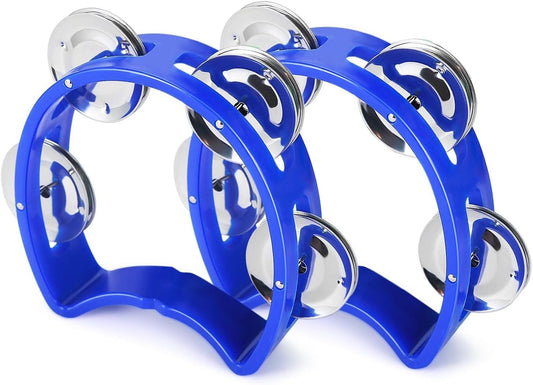 Flexzion Tambourine Hand Bell Percussion Musical Instruments (Blue, 2 Pack), Plastic Music Instrument Half Moon Mini D Handheld Shaker, Jingle Bells
