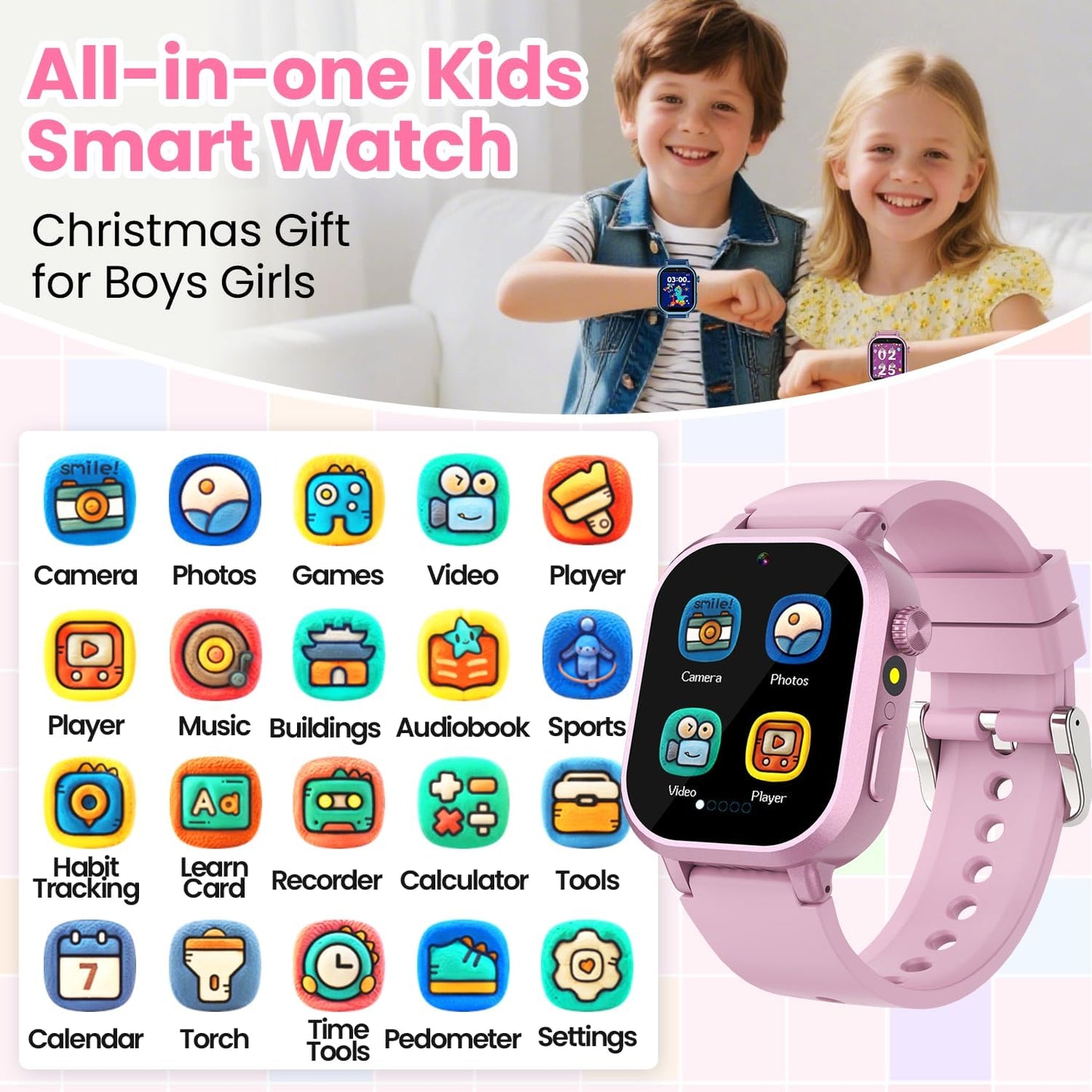 Waterproof Smart Watch for Kids Girls Ages 5-12 with 39 Games, HD Camera, Video, Music, Habit Tracking, Alarm, Pedometer, Kids Smart Watch Chrismars Birthday Gift for Girls Age 5 6 7 8(Pink)