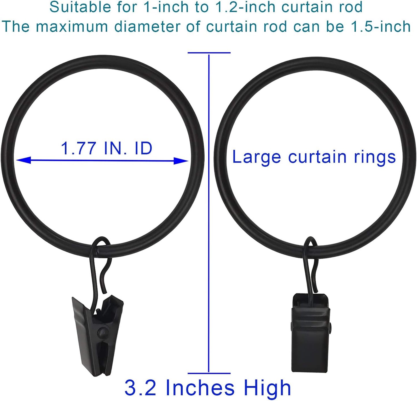 40 Pack Black Curtain Rings with Clips, Curtain Hooks Hangers Clip Rings for Hanging Drapes Bows Hat, Drapery Rings 1.77 in I D, Fits up to 1.5 in Diameter Curtain Rod.
