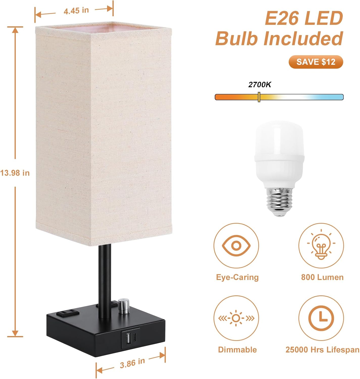 Fully Dimmable Nightstand Lamps Set of 2 - Table Bedside Lamp with USB C+A Charging Ports & 2 AC Outlets, Square Lamp Sets Linen Fabric Shade for Bedroom Living Room(Bulb Included)