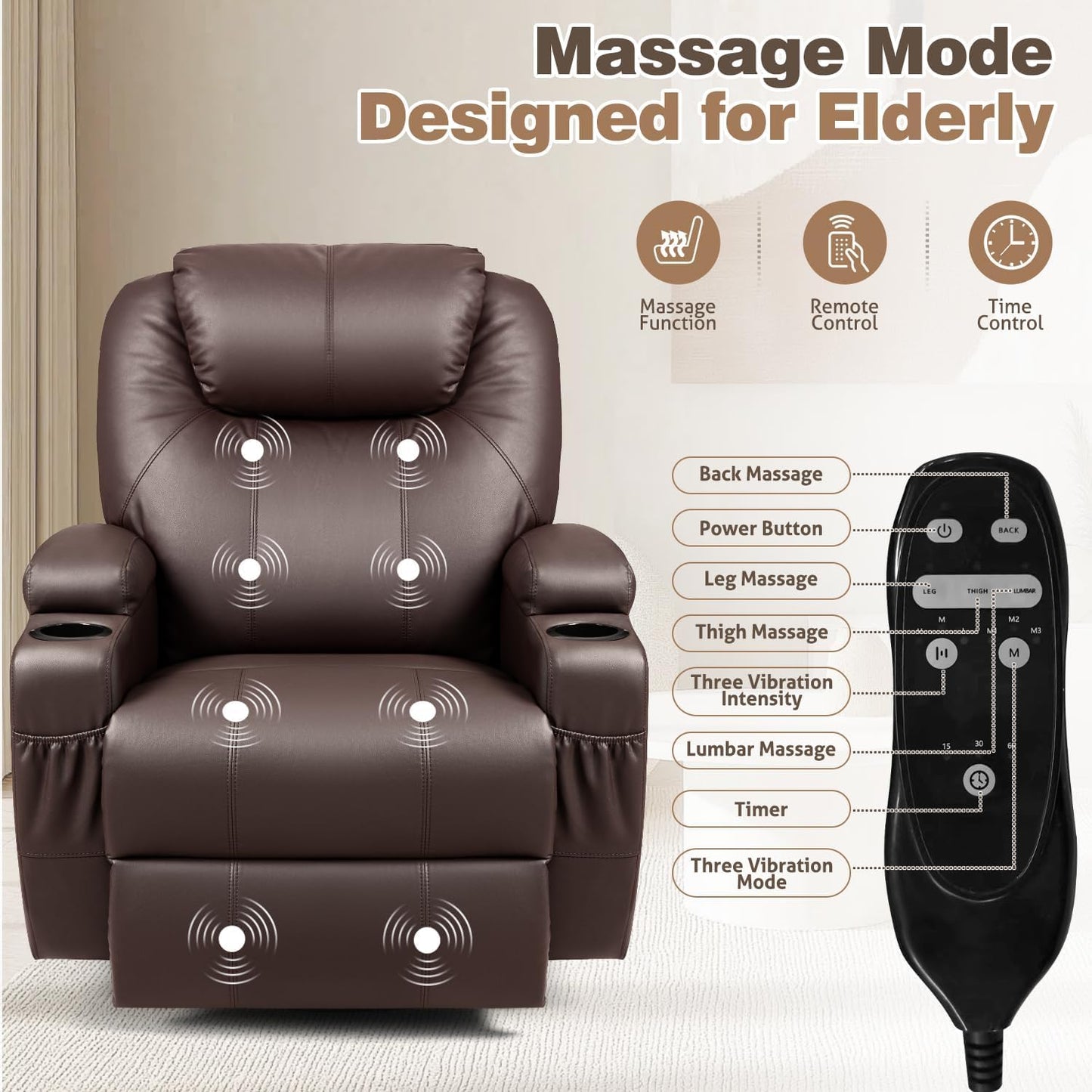 Recliner Chair, 360° Swivel Rocker Chair for Adults, Rocking Recliner Chair with Massage, Comfy Single Sofa with Side Pockets Cup Holders for Living Room, Bedroom, Nursery (Leather, Dark Brown)