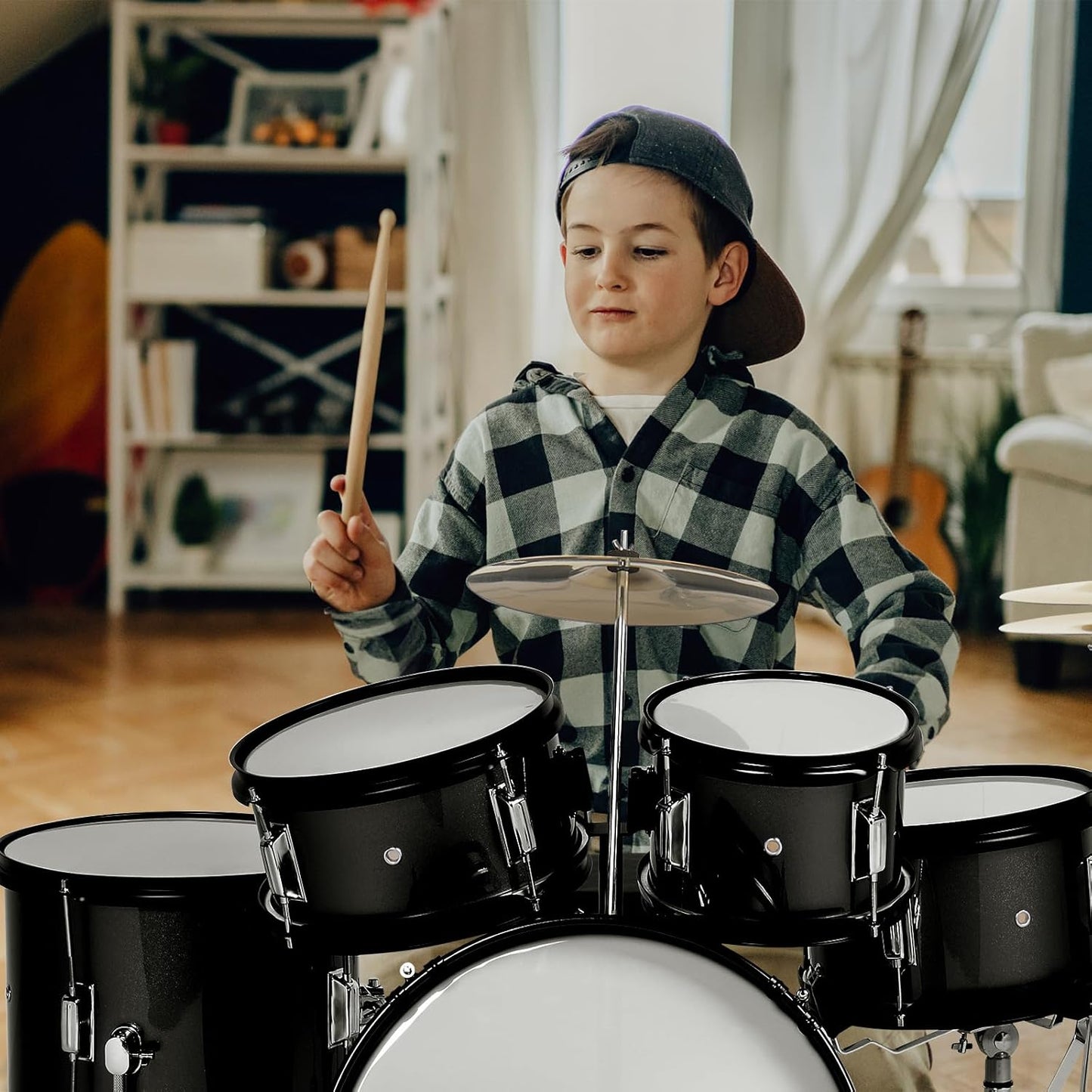 Ktaxon 5-Piece Complete Junior Drums Set, 16 Inch Beginners Drum Kit with Throne Stool, Pedal & Drumsticks, Kids Drums Musical Instruments W/Cymbal, Hi-Hat, Floor, Tom and Snare Drum (Black)