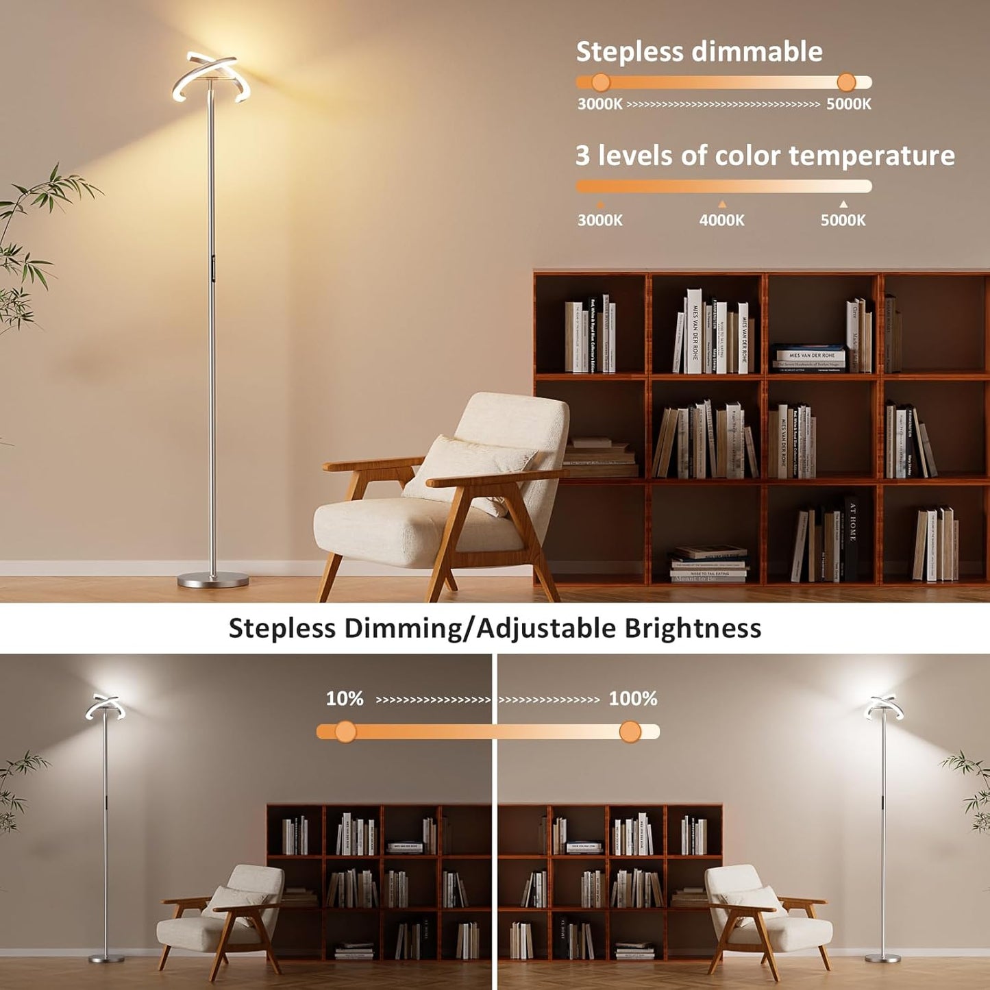 Floor Lamps for Living Room, 40W/2400LM LED Floor Lamp with Touch & Remote Control, 70" Tall Standing Lamp Stepless Dimmable, Modern Torchiere Corner Lamp for Bedroom, Office - Silver Grey