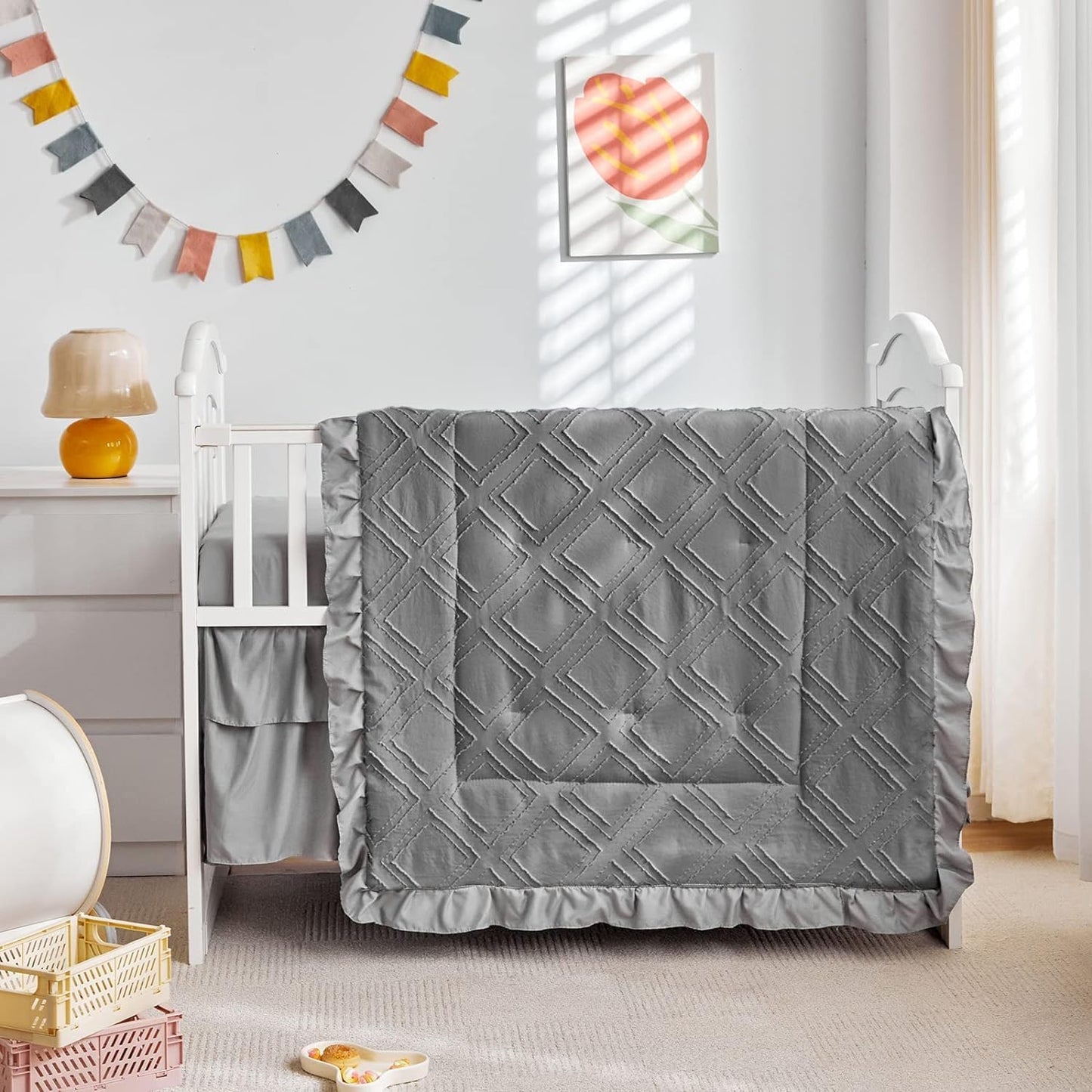 Mini Crib Bedding Set 3 Pieces Baby Boho Quilted Tufted Ruffles Comforter with Fitted Sheet and Ruffled Bed Skirt - Cute Shabby Baby Bedding Fits Mini Crib Only Gray