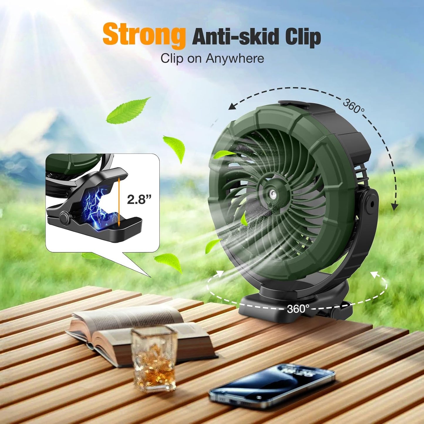 Ausic Portable Misting Clip on Fan, 100ml Camping Stroller Fan with LED, Max 45H Runtime Golf Cart Fans, 360° Rotate Cooling Spray, Outdoor Rechargeable Battery Fans for Travel/Home/Beach